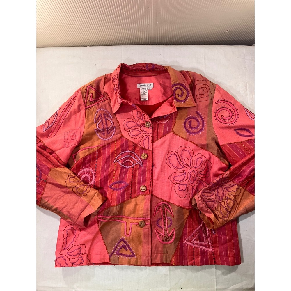 Coldwater Creek Patchwork Embroidered Rayon Silk Blend Button Up Jacket L